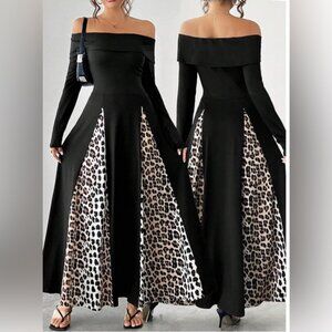 Asymmetrical Shoulder Leopard Print Flared Long Sleeve Dress Black
